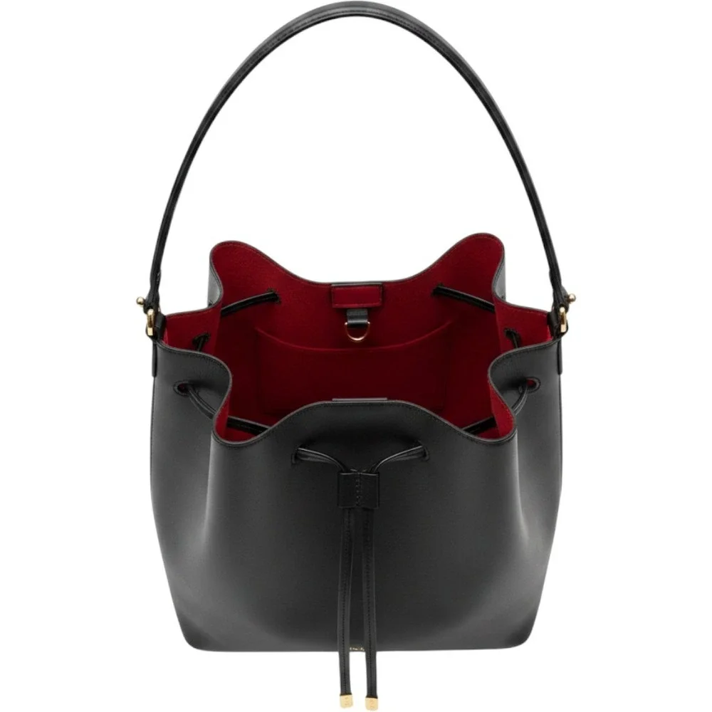 Lauren Ralph Lauren Debby Drawstring Bucket Bag Black Leather Red Interior Gold